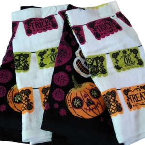 Set of 4 Halloween Day of the Dead Sugar Skulls Dia DeLos Muertos Kitchen Towels